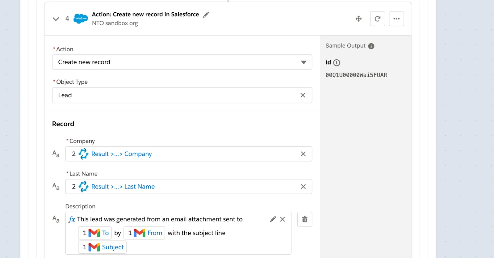 Step 4 of flow within If branch to create a lead in the NTO org using the last name and company from the extracted lead in step 2 of flow and the description from the To, From, and Subject fields in step 1 of flow.