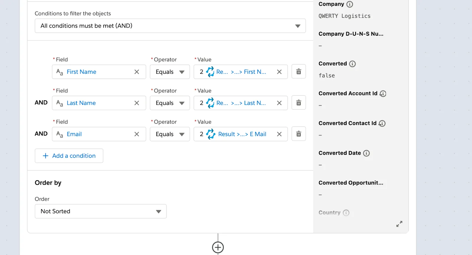 Rest of step 3 of flow with conditions that all leads in NTO org must match the first name, last name, and email of the extracted lead from step 2 of flow.