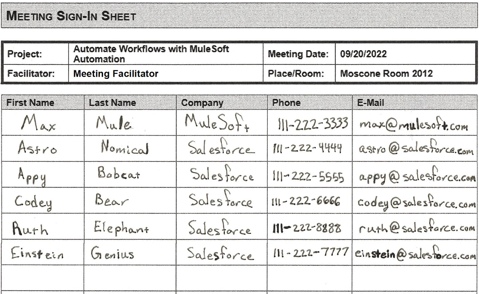 Meeting sign-in sheet with attendees’ first name, last name, company, phone, and email.