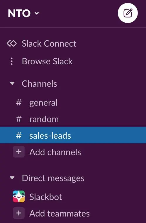 チャンネルとして sales-leads が表示されている Slack NTO ワークスペース。