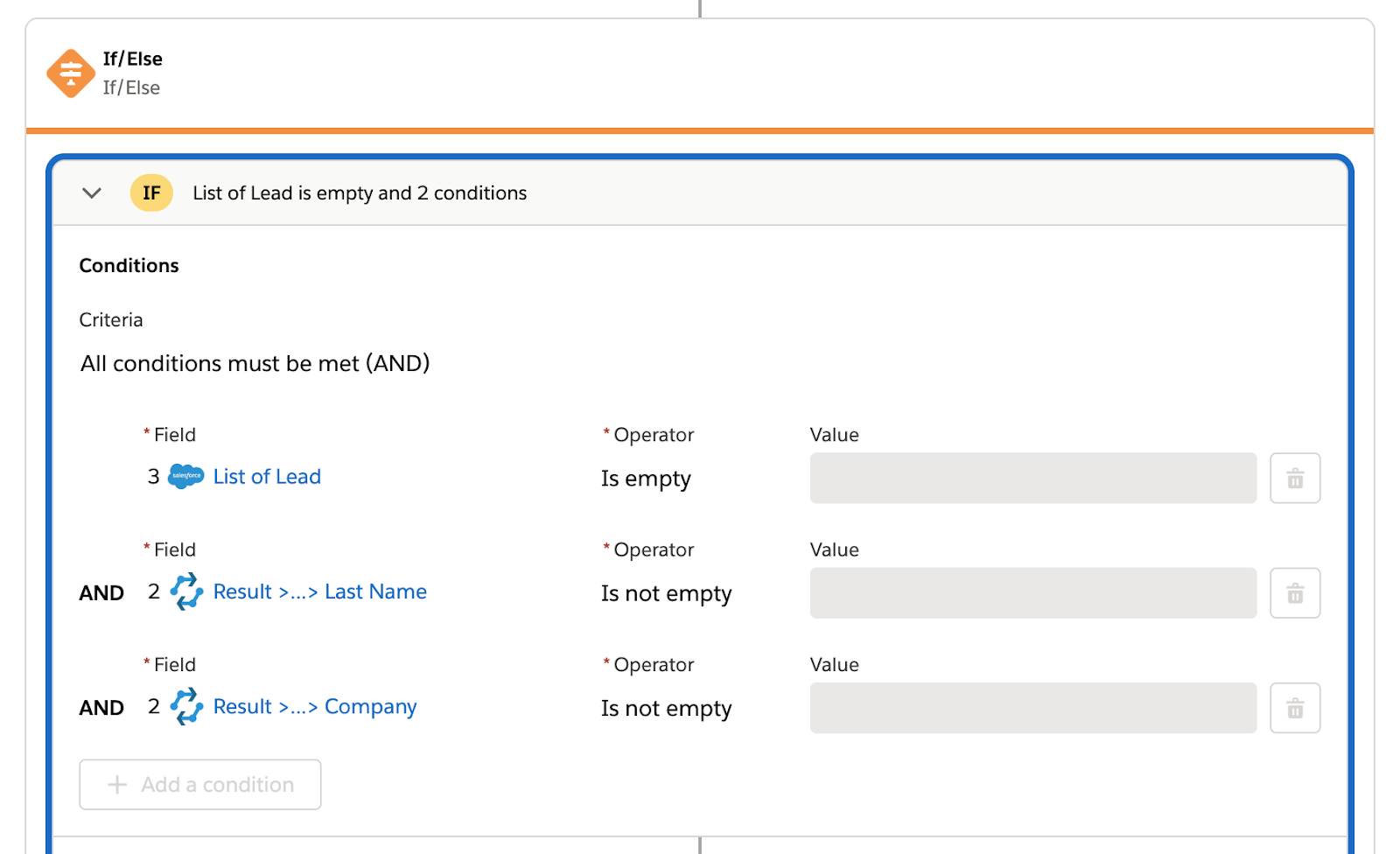 Tested flow showing If/Else block with If branch showing three conditions.