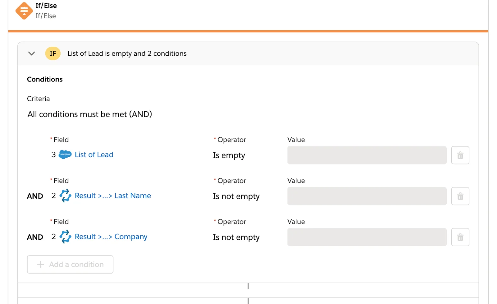 3 つの条件が指定された If ブランチを持つ If/Else ブロックが表示されているテスト済みフロー。