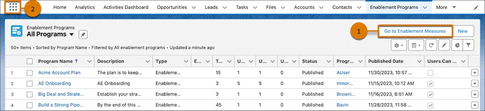 The Enablement Programs page shows options for navigating to the Enablement Measures page.