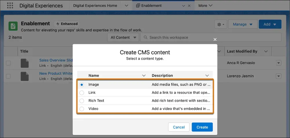 The Create content window in the Enablement workspace in Digital Experiences shows the Link, Rich Text, and Video content types.