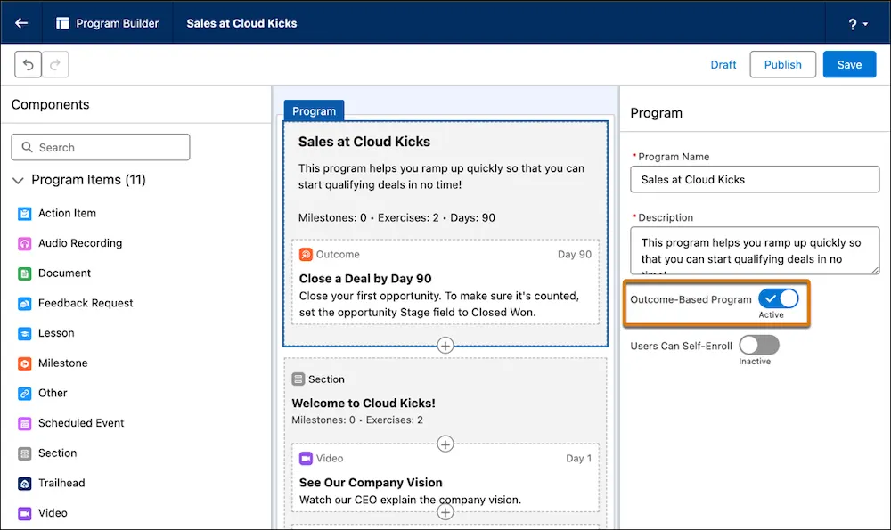 A program open in Program Builder shows the Outcome-Based Program toggle.