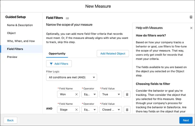 The New Measure window shows options for selecting the measure’s reference object and specifying completion criteria.