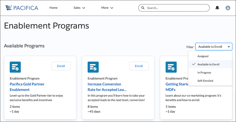 A page in an Experience Cloud site shows programs that a user can take.