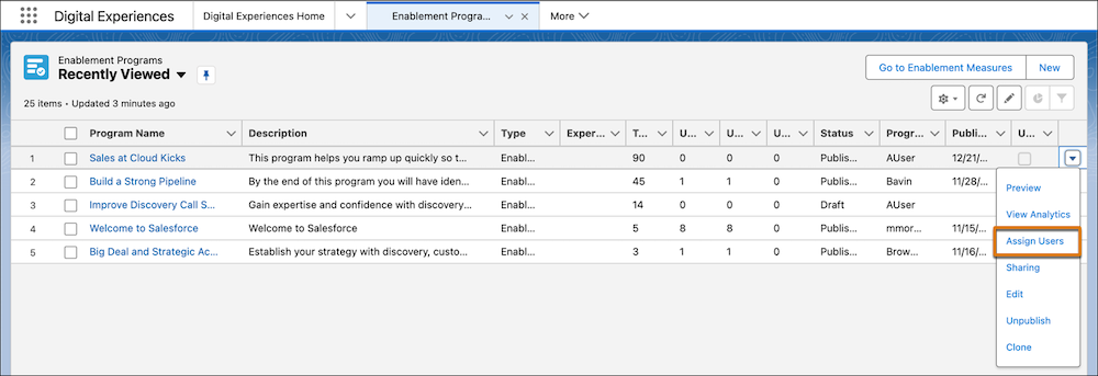 The Enablement Programs page shows the Assign Users option in the dropdown menu for a program.