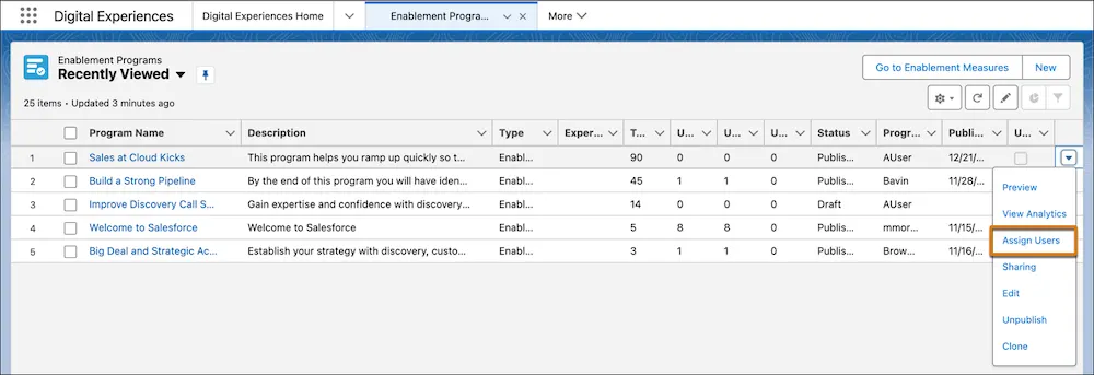 The Enablement Programs page shows the Assign Users option in the dropdown menu for a program.