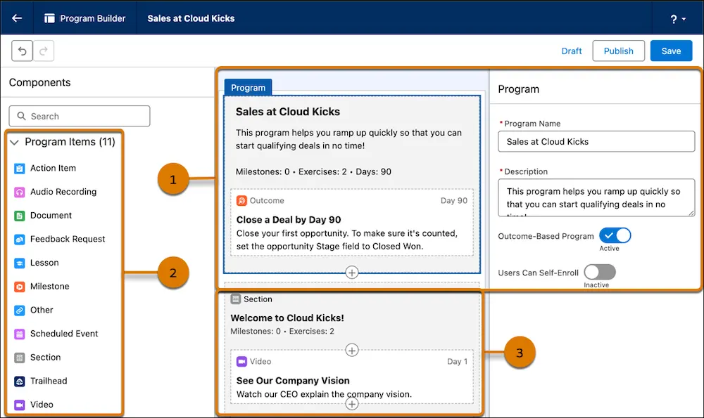 A program open in Program Builder shows the program metadata you can specify and the exercises and milestones that you can drag and drop.