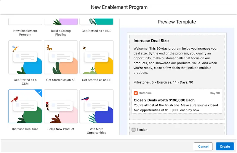 The New Enablement Program window shows the default program templates.