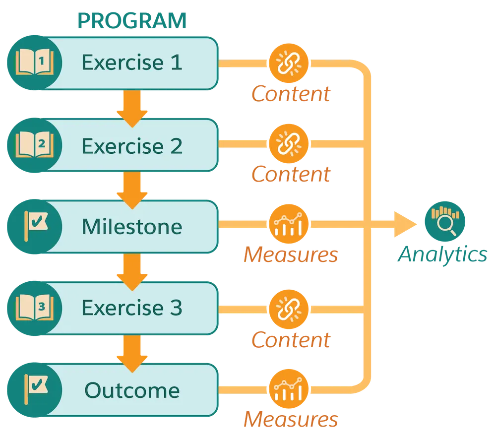 Diagram that shows the relationship between exercises, milestones, measures, the outcome, and analytics for a program.