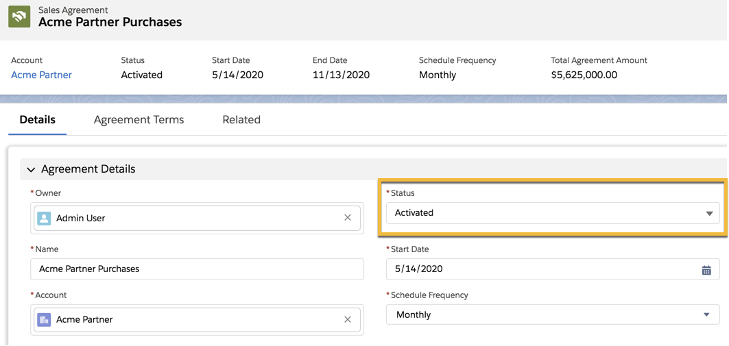 Image showing the Status picklist for a sales agreement where the key account manager can change status manually.