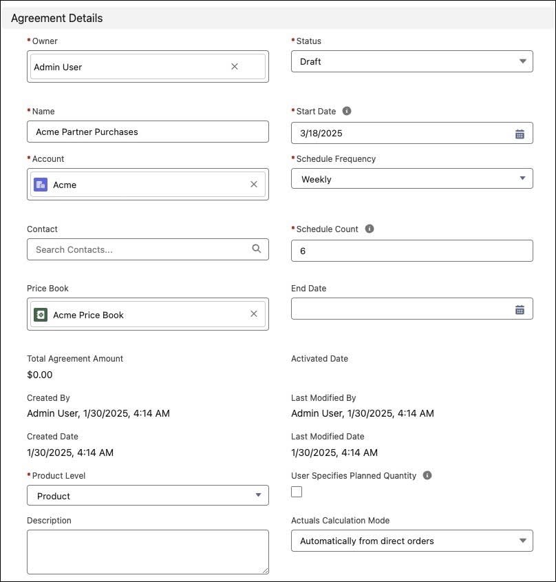 Agreement Details window where you create a sales agreement.