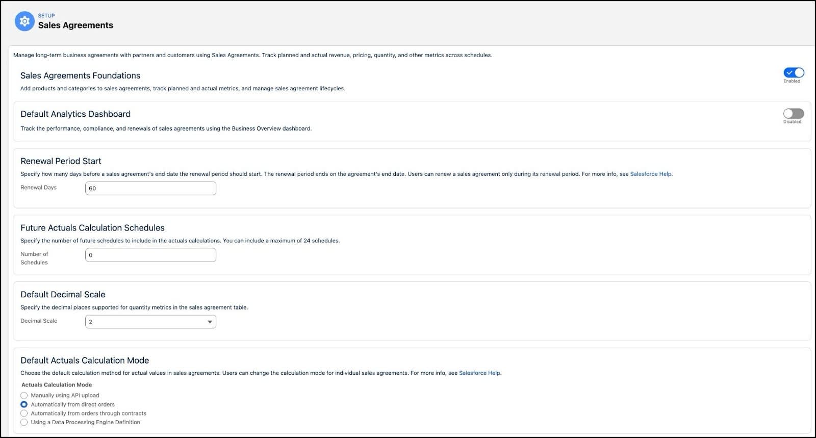 A partial view of the Setup page for sales agreements.