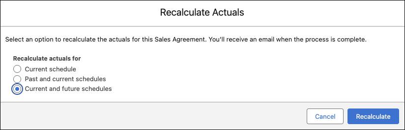 Recalculate Actuals dialog window.