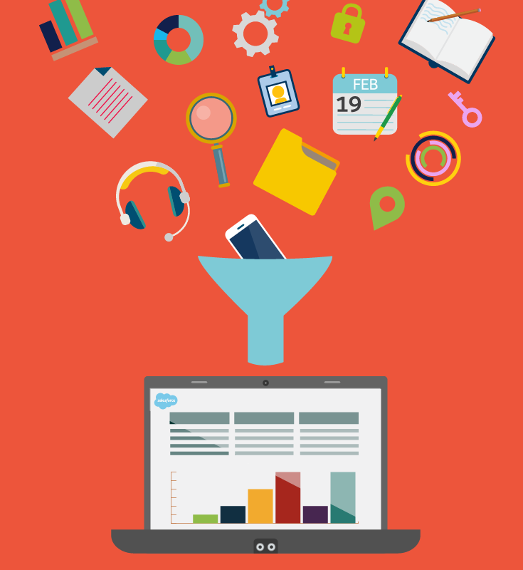 Pieces of data “flying” into a funnel, representing how disorderly data becomes organized in Sales Cloud.