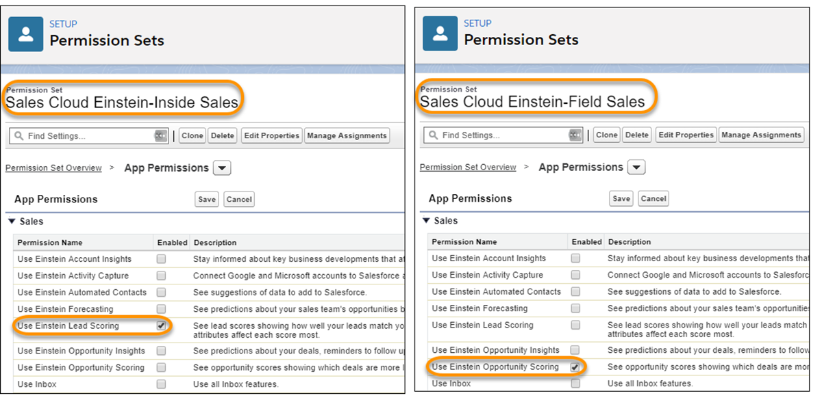 The Sales Cloud Einstein-Inside Sales permission set and Sales Cloud Einstein-Field Sales permission sets