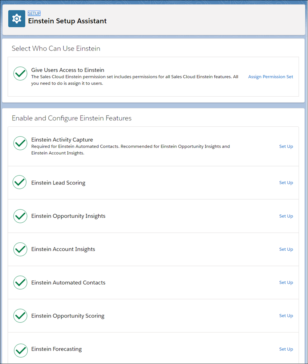 El Asistente de configuración de Sales Cloud Einstein lo guía durante todo el proceso