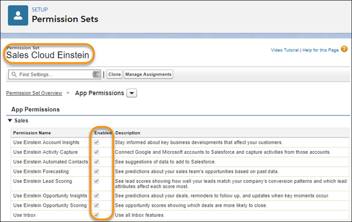 Sales Cloud Einstein 権限セットはデフォルトで機能への権限を有効にします。
