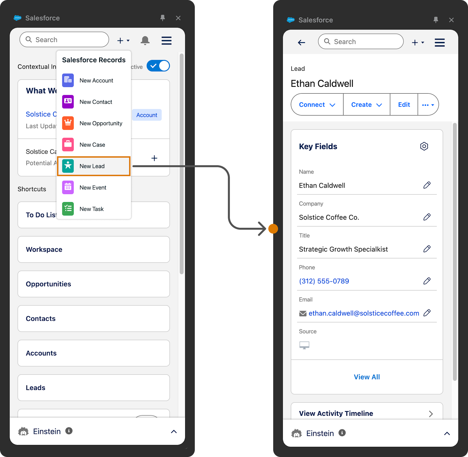 Salesforce browser extension interface showing options to add various records, including account, contact, opportunity, case, lead, event, and task, with the addition of a new lead in progress.