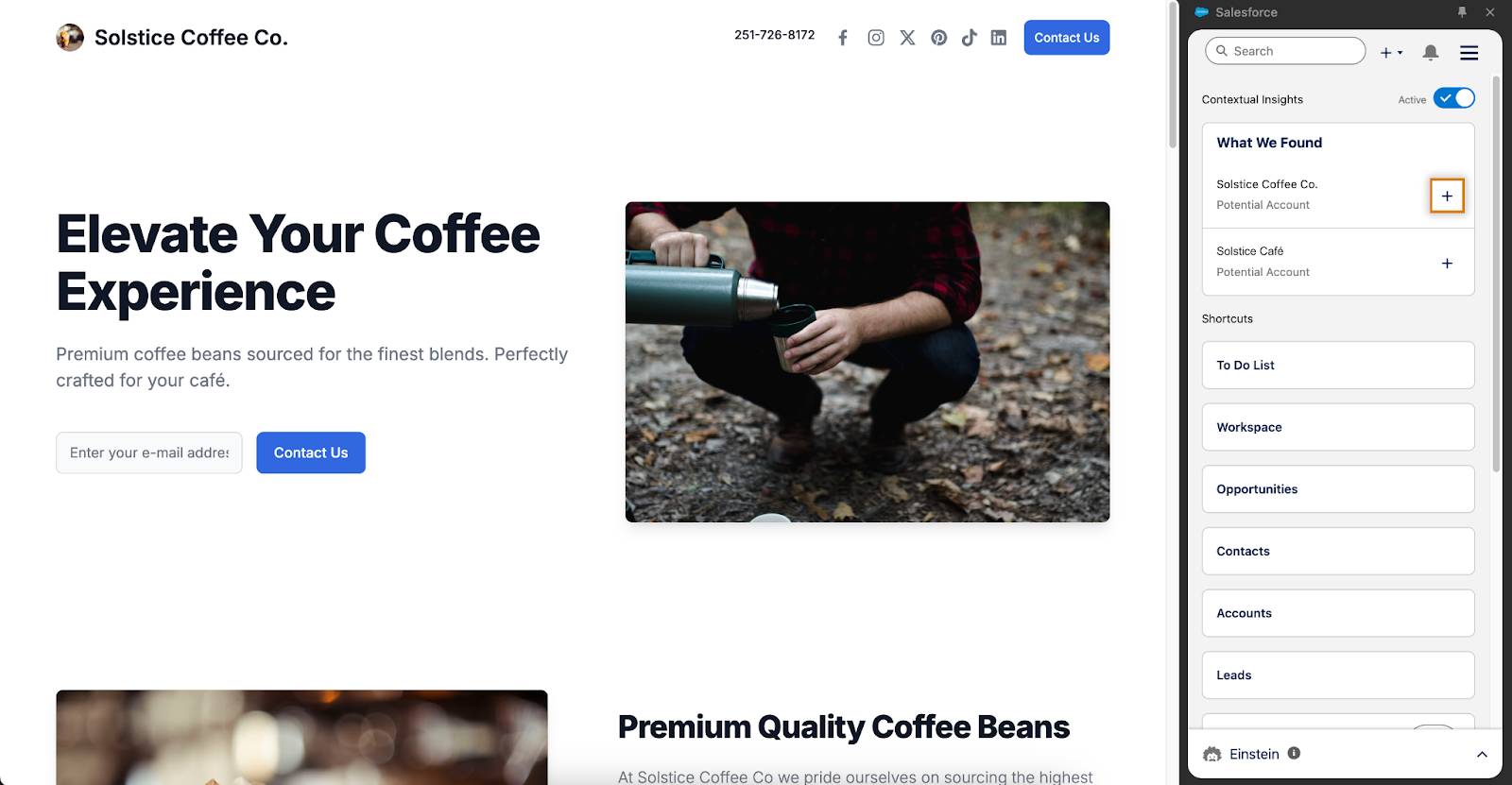 The Solstice Coffee Co. website displayed with the Sales Cloud Everywhere browser extension open on the right, showing contextual insights with a notification about an account found for potential addition.