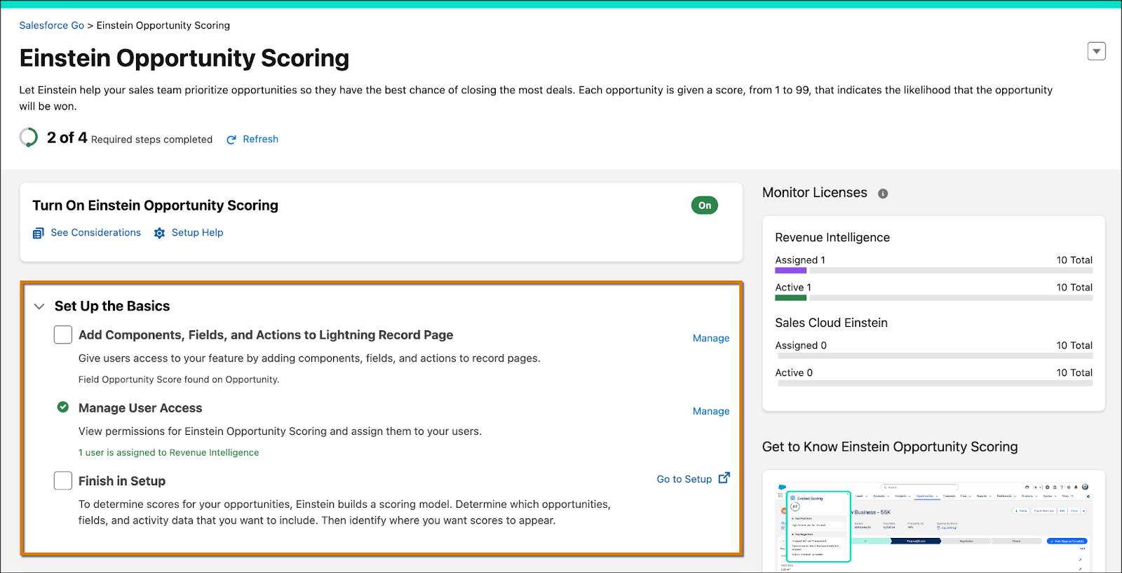 Einstein Opportunity Scoring feature page with the configuration steps highlighted.