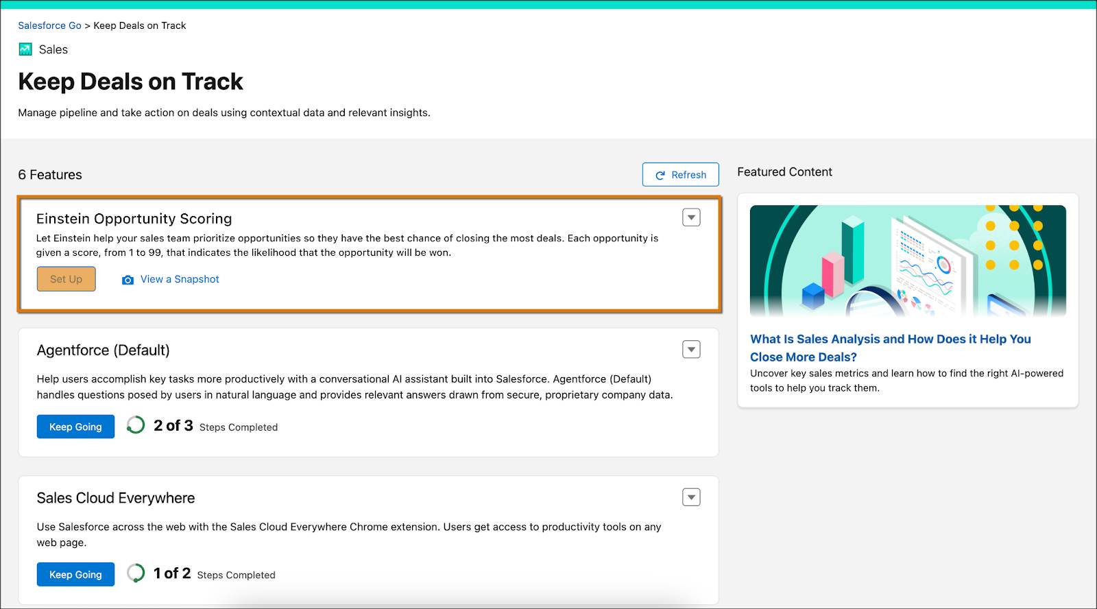 Feature Set page showing all the features with Einstein Opportunity Scoring feature and the Set Up button highlighted.