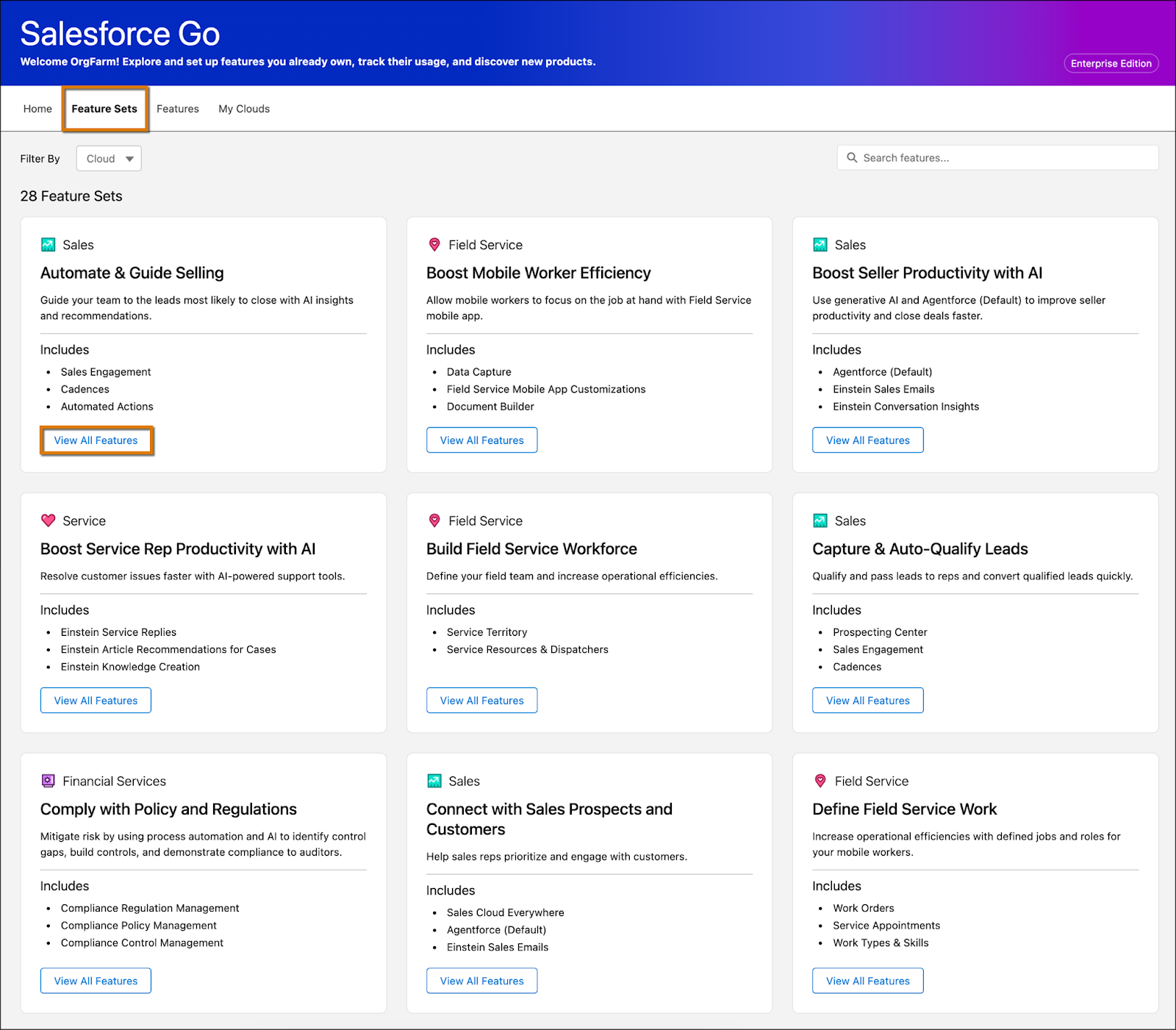 Salesforce Go page with the Feature Sets tab selected and highlighted.