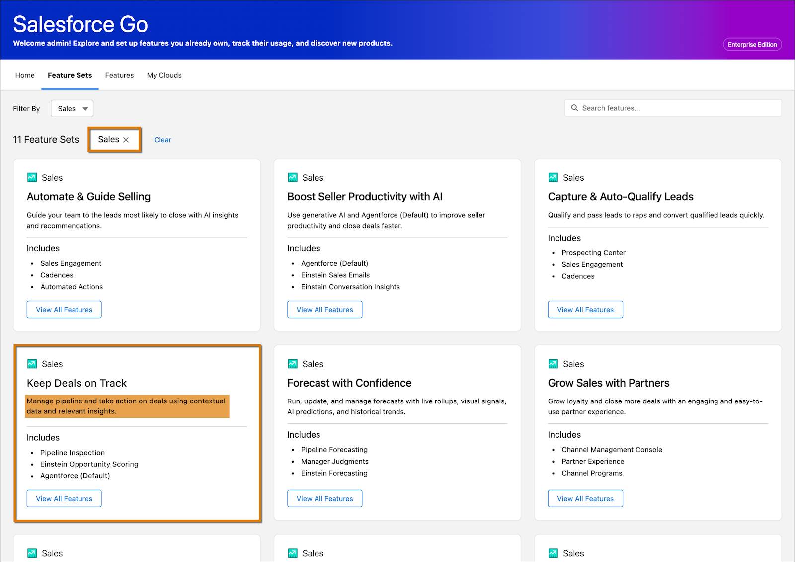 Feature Sets tab in Salesforce Go with the Keep Deals on Track feature set card highlighted.