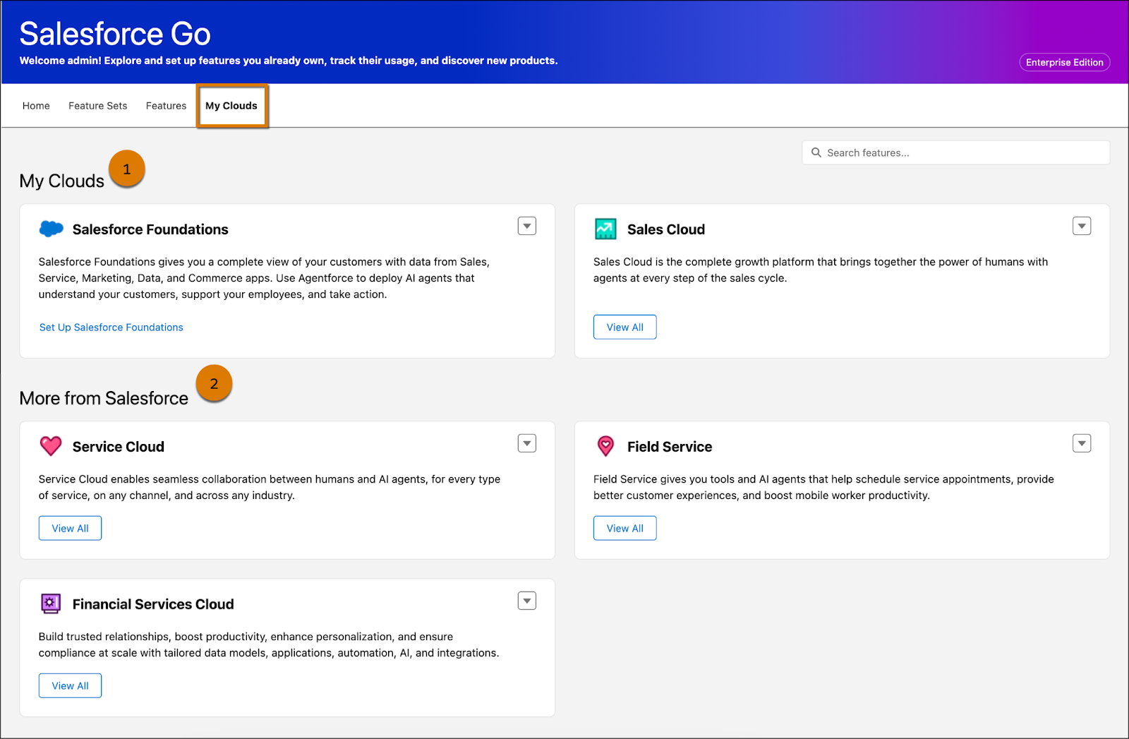 Salesforce Go page with the My Clouds tab selected and highlighted.