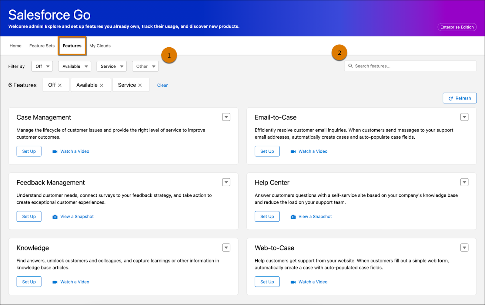 Salesforce Go page with the Features tab selected and highlighted.