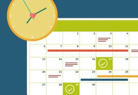 Calendario con hitos destacados y un reloj que representa la cantidad de tiempo necesario para la implementación.