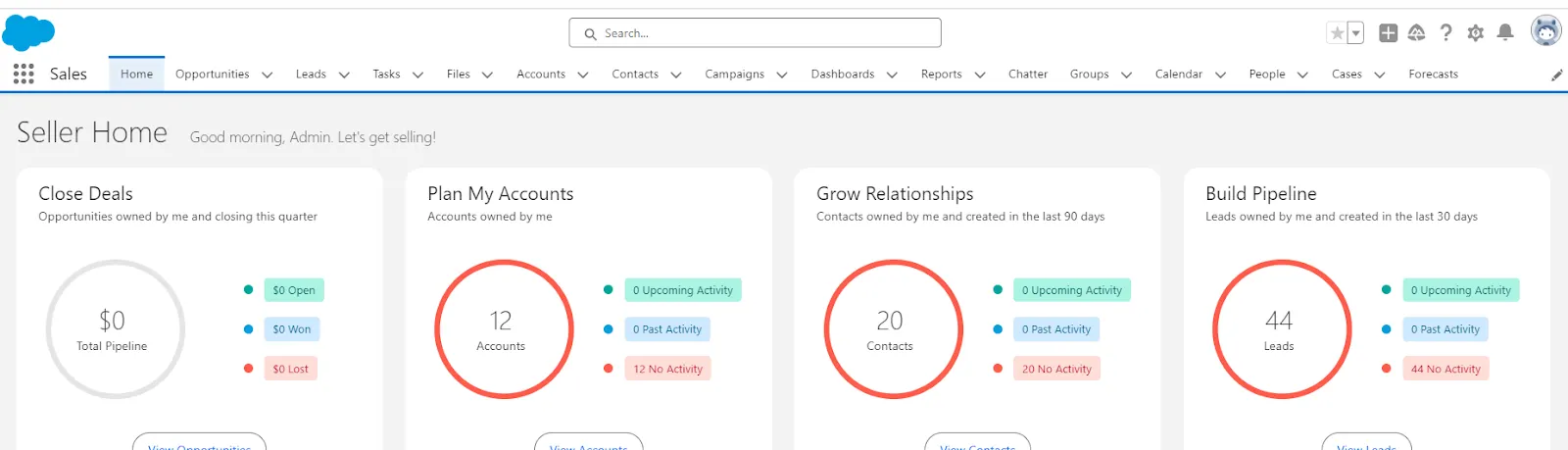 Detalles de la página de inicio de Sales Cloud con la búsqueda, el menú y el icono del iniciador de aplicación resaltados