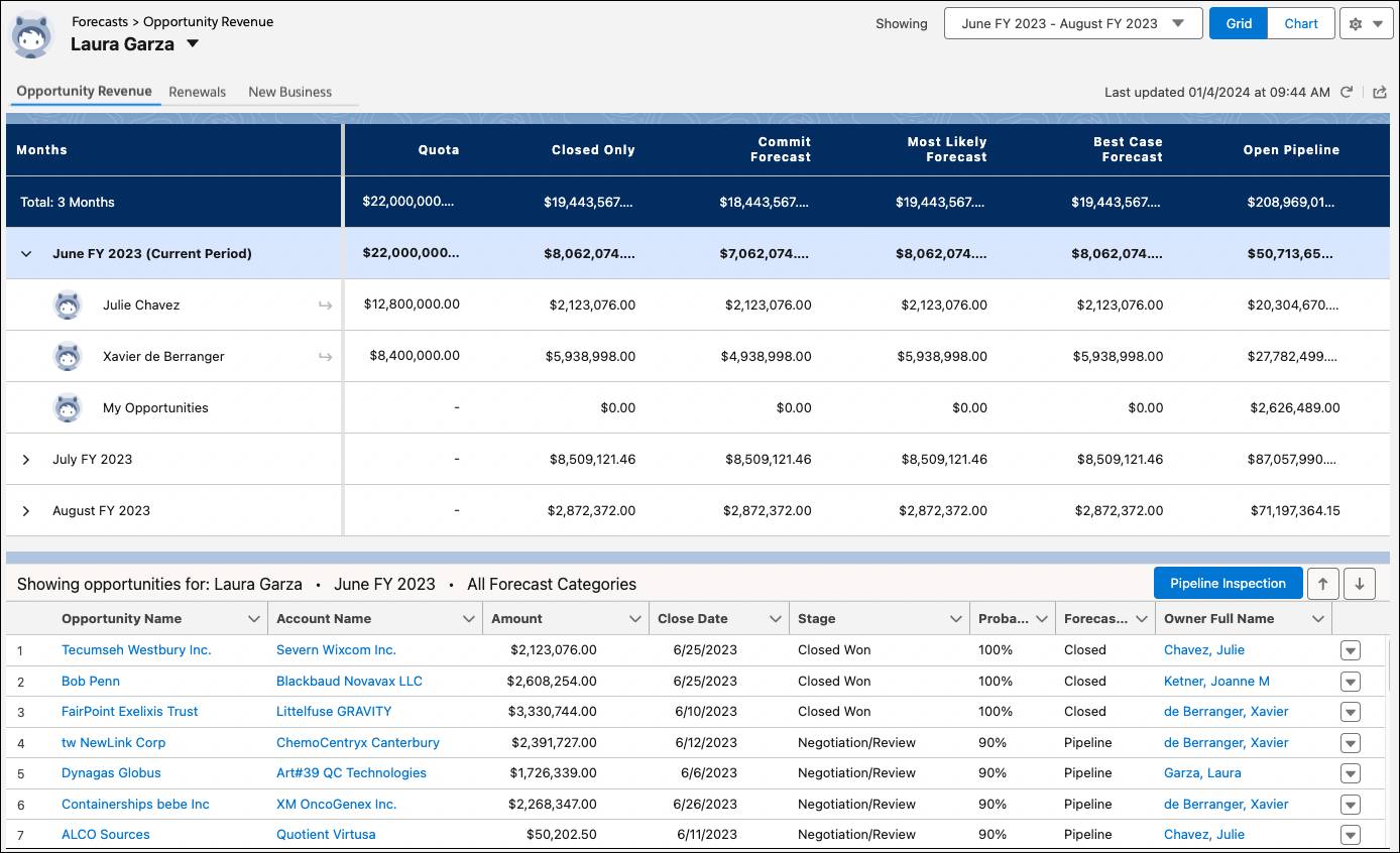 Forecast page with the forecast summary and forecast opportunity list.