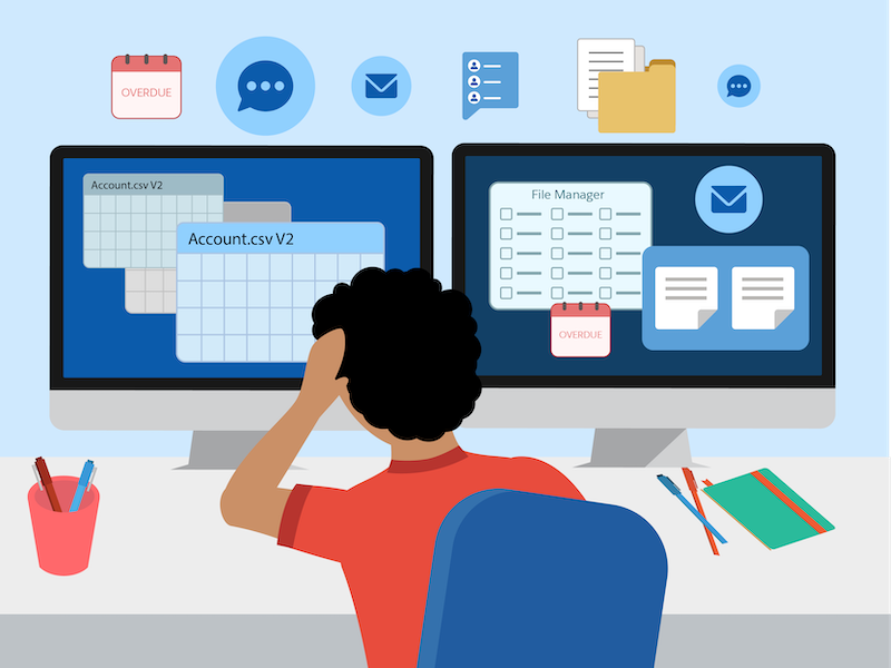 Plusieurs sources de données, fichiers, e-mails, délais imminents et discussions causant des distractions.
