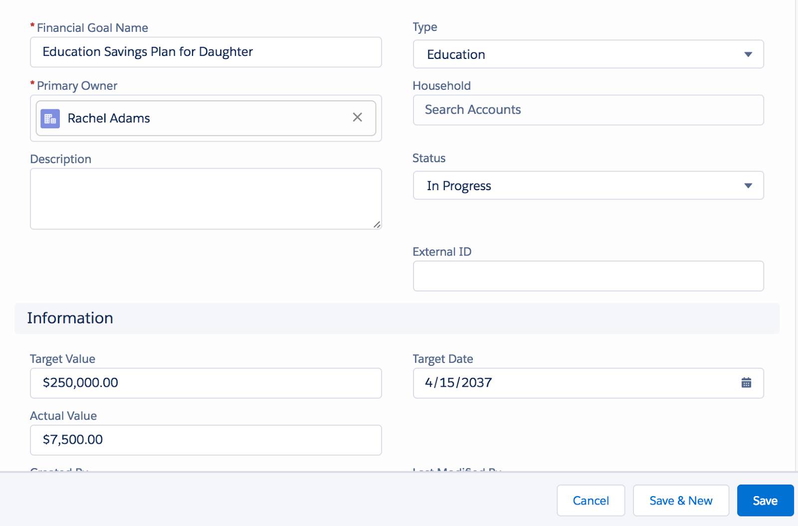 A screenshot showing how Dan uses Salesforce to record Rachel’s goal of saving for her daughter’s education