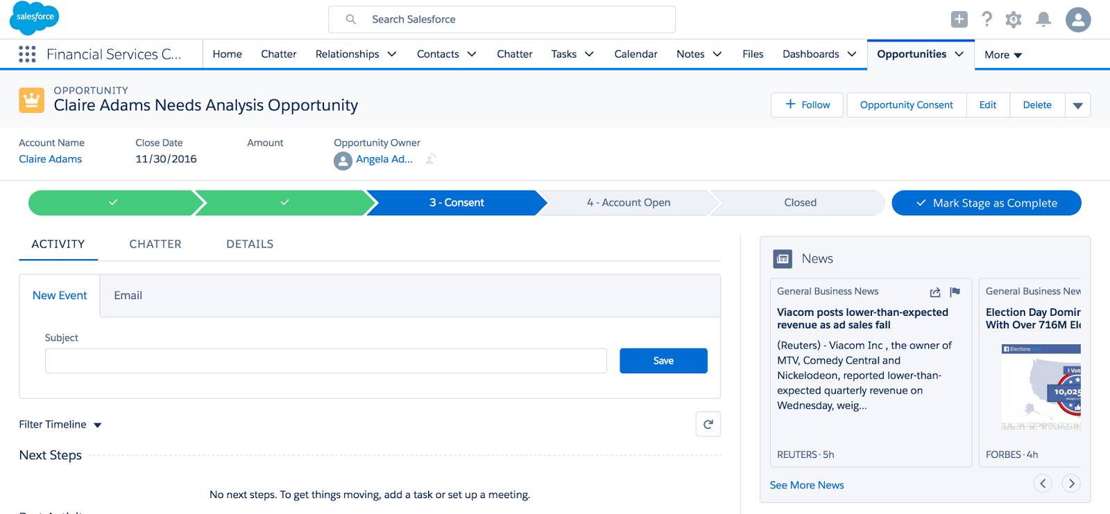 A screenshot showing an opportunity and a visual tracker that indicates an opportunity is in the Consent stage