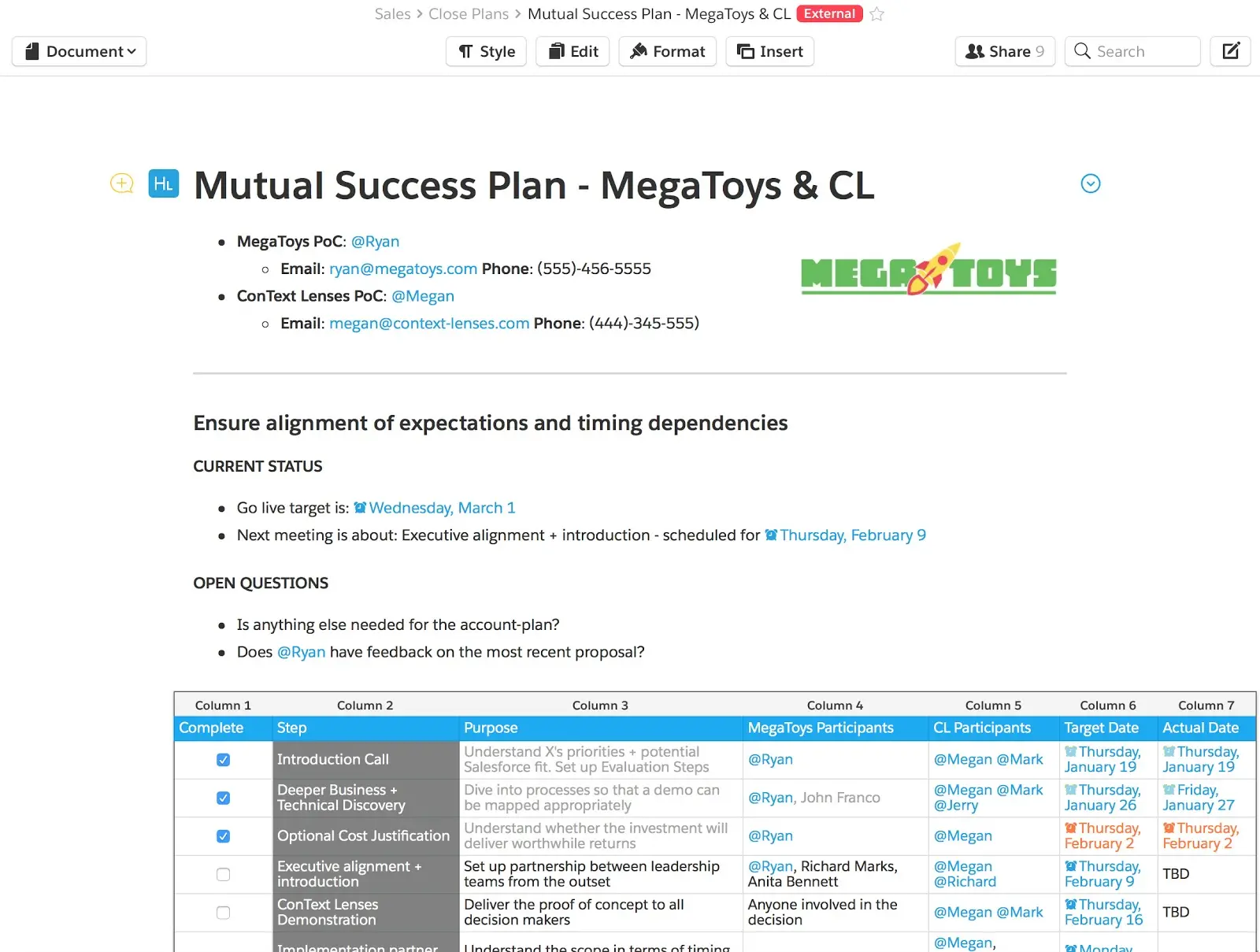 Mutual Success Plan in Quip with responsibilities and owners