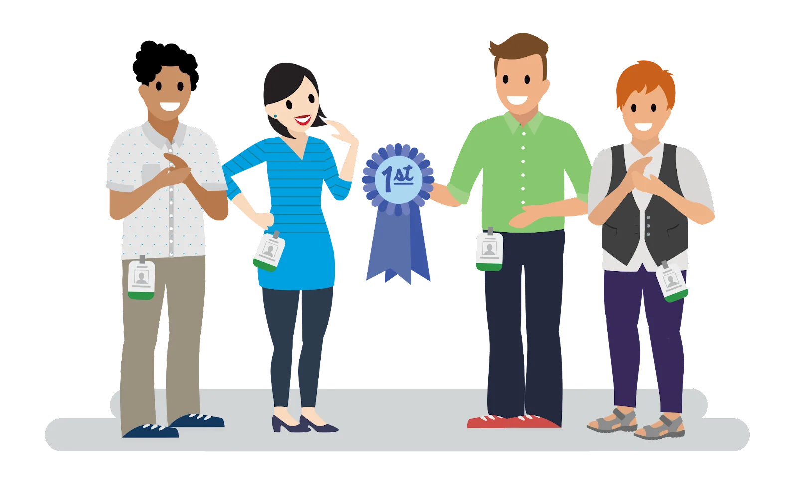 A group of four colleagues standing and cheering as the manager presents a first-place ribbon to the colleague who won the sales competition.