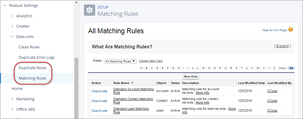 Matching rules and duplicate rules in Setup