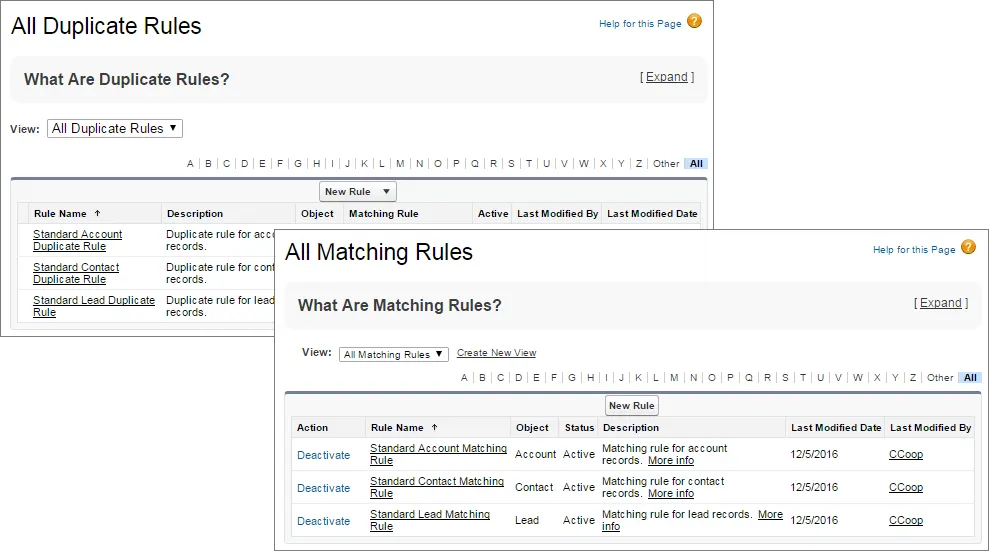 Manage matching rules and duplicate rules in Setup