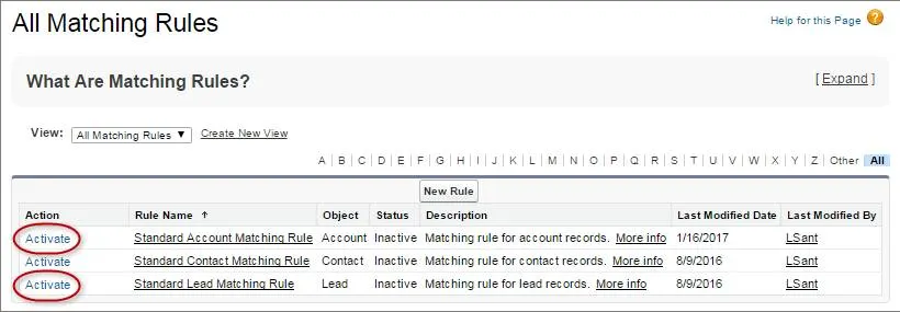 Activation des règles pour les comptes et les pistes