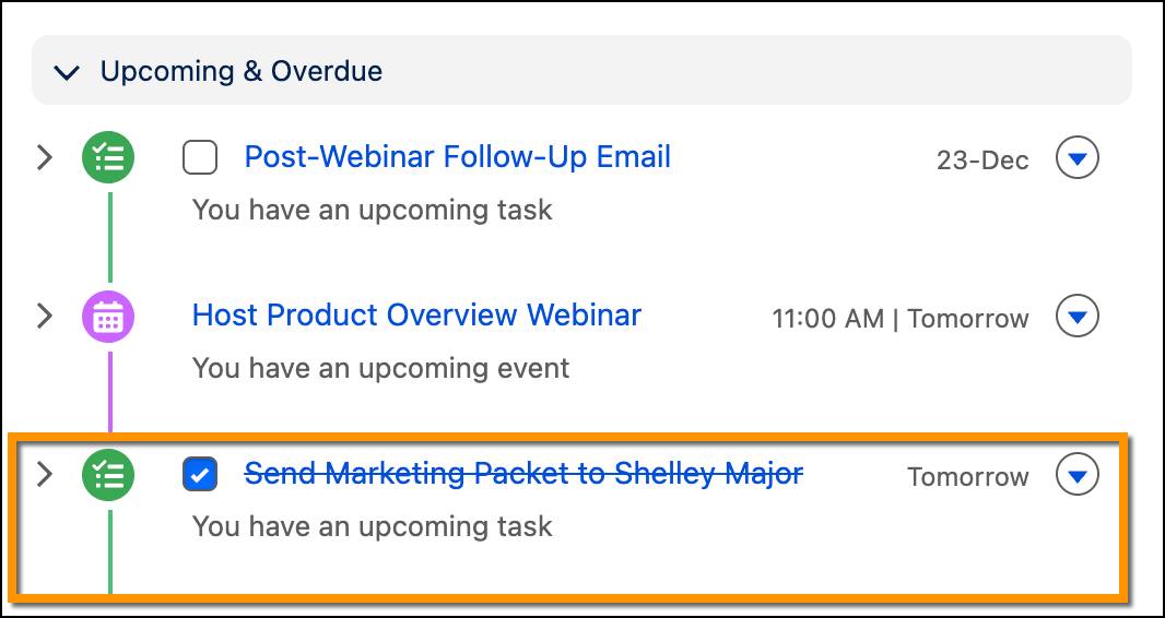 Completed task on the Activity Timeline