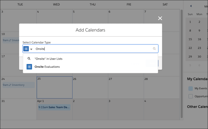 Add Calendars window, showing selection of user list.
