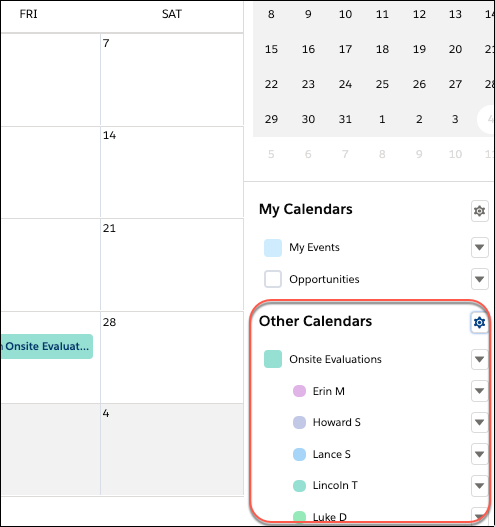 Calendar side panel showing a user list called Onsite Evaluations.