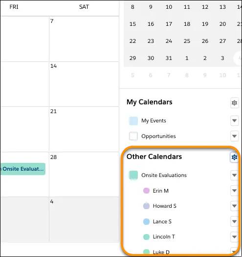 Calendar side panel showing a user list called Onsite Evaluations. 