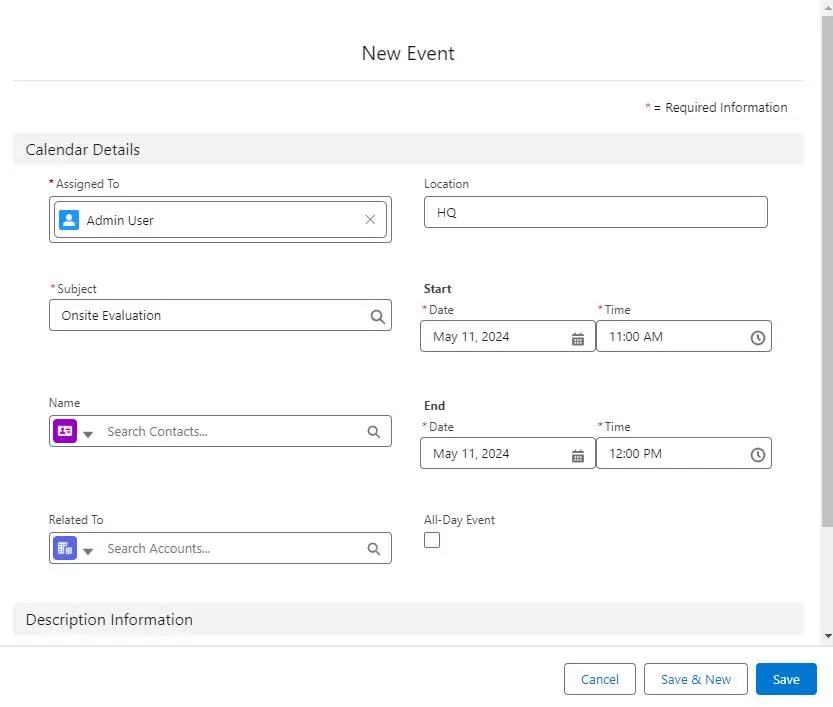 New event window, showing all the event layout fields available.