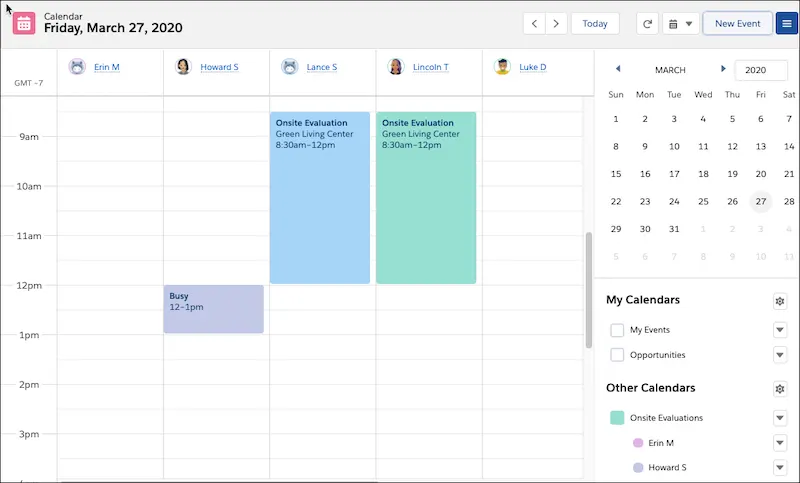 Calendar page, showing availability view of multiple user calendars for one day.