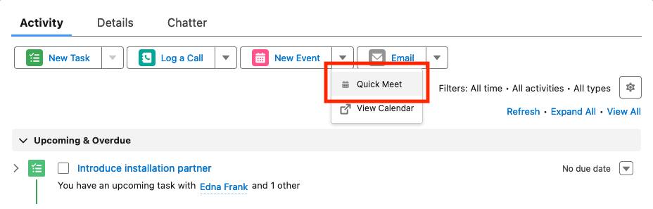 Registerkarte 'New Quick Meet' (Neue Kurzbesprechung) im Opportunity-Datensatz.